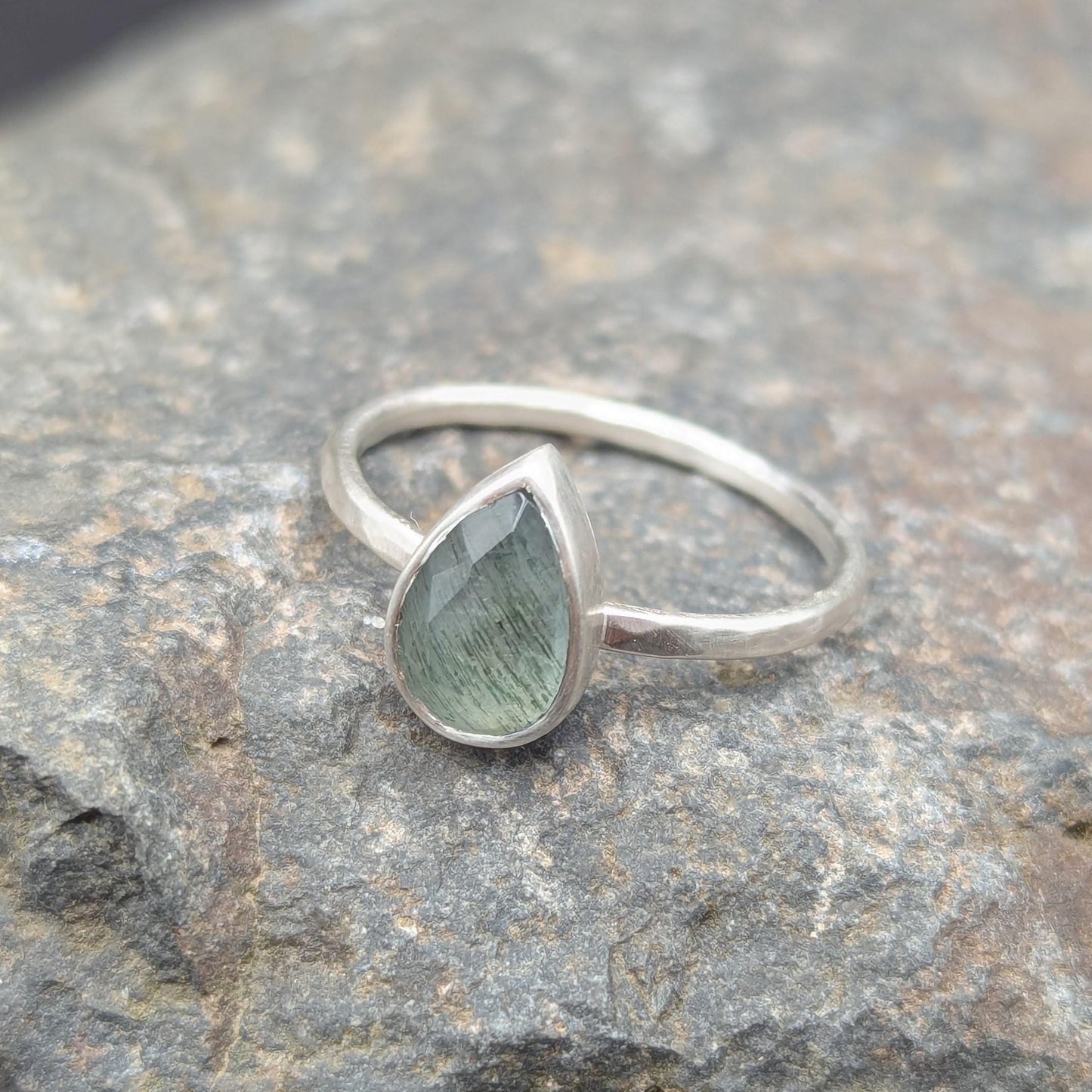 Moss Aquamarine Tear Drop Ring - Size 9.25