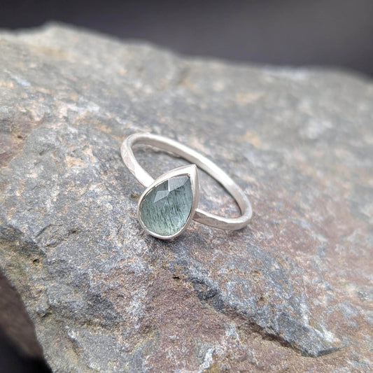 Moss Aquamarine Tear Drop Ring - Size 9.25