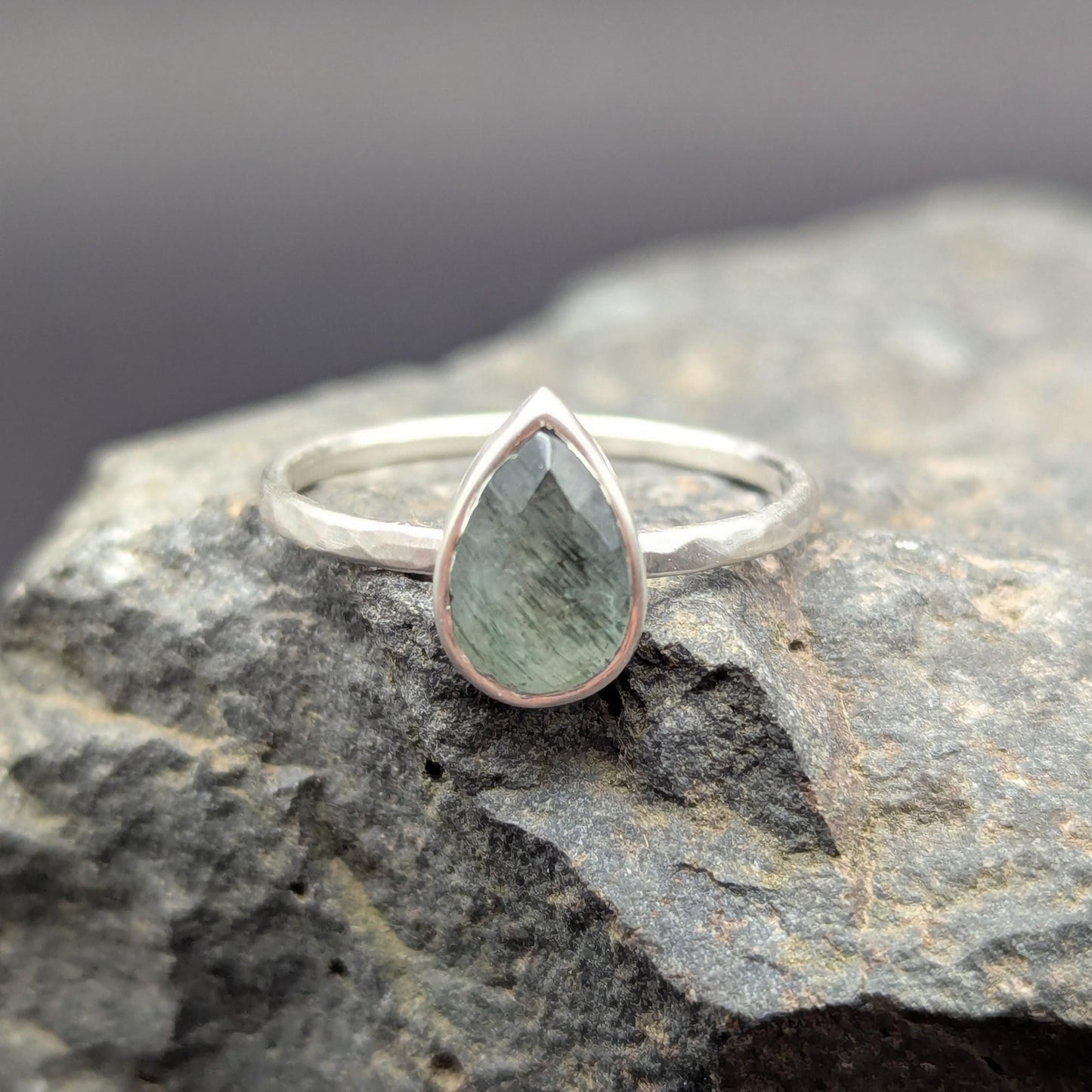Moss Aquamarine Tear Drop Ring - Size 9.25