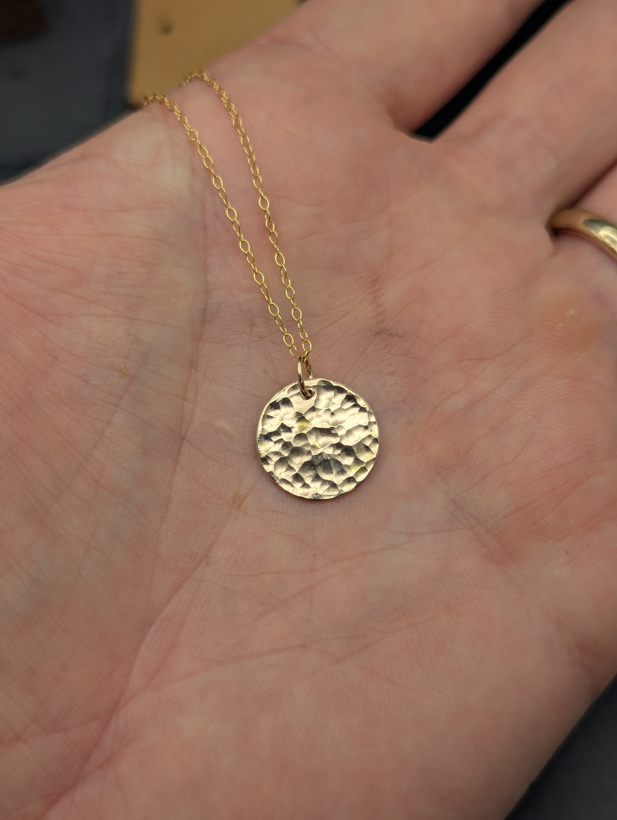 Solid 14K Gold hammered disc necklace
