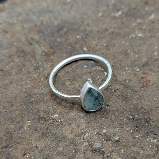 Moss Aquamarine Tear Drop Ring - Size 9.25