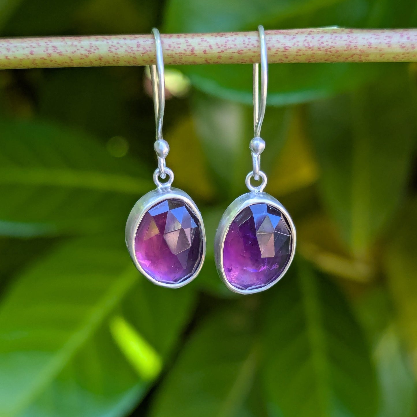 A pair of silver drop earrings with faceted purple amethyst gemstones, hanging from a thin branch with a blurred background of green leaves.